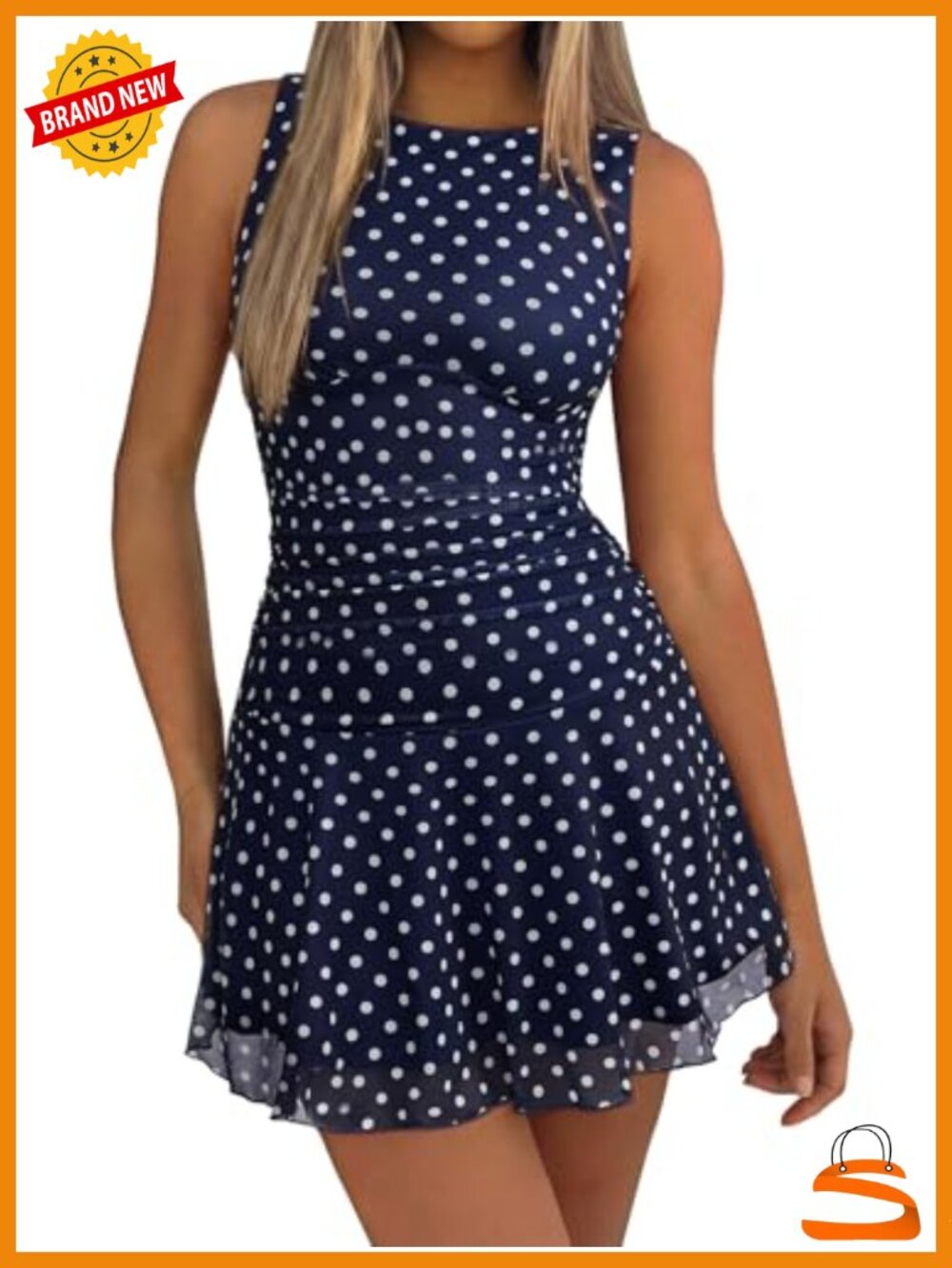 REORIA Womens Mini Dress Sleeveless Mesh Ruched Boat Neck Fit Flare Party